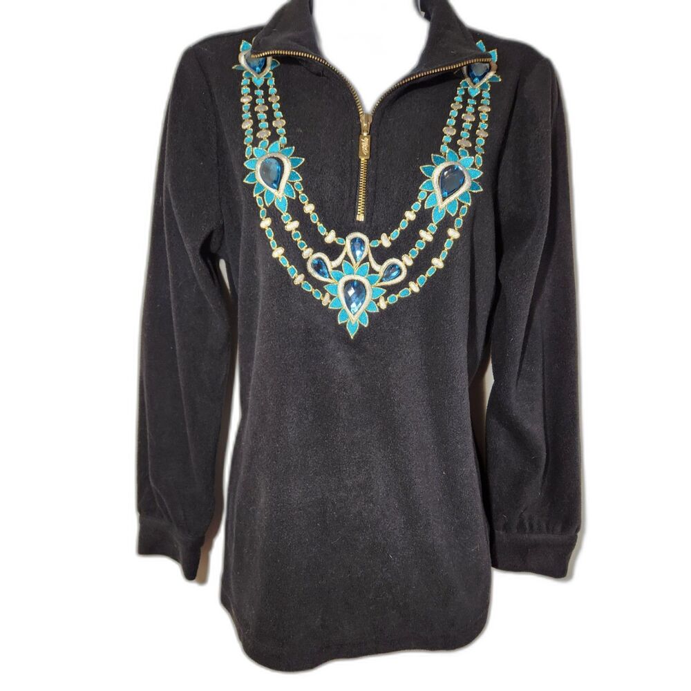 Bob Mackie Wearable Art Womens Embellished Fleece Pullover S Southwest Boho
